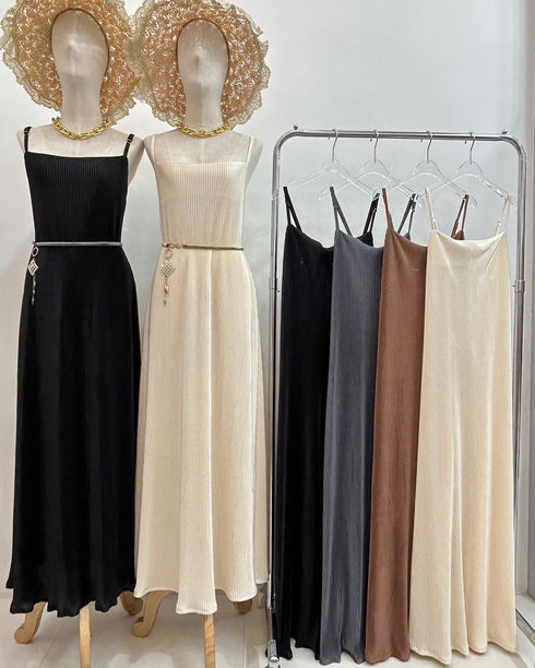 Ladies Pleated Spaghetti Straps Long Maxi Dresses